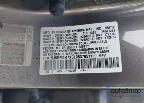 2012 Honda Cr-V Ex-L z USA, uszkodzony, nr VIN 5J6RM4H7XCL063785